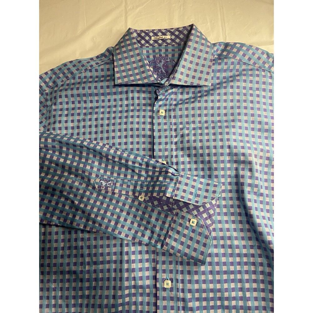 Men's Bugatchi Purple & Blue Squared Long Sleeve Button Down Shirt-Size L‎